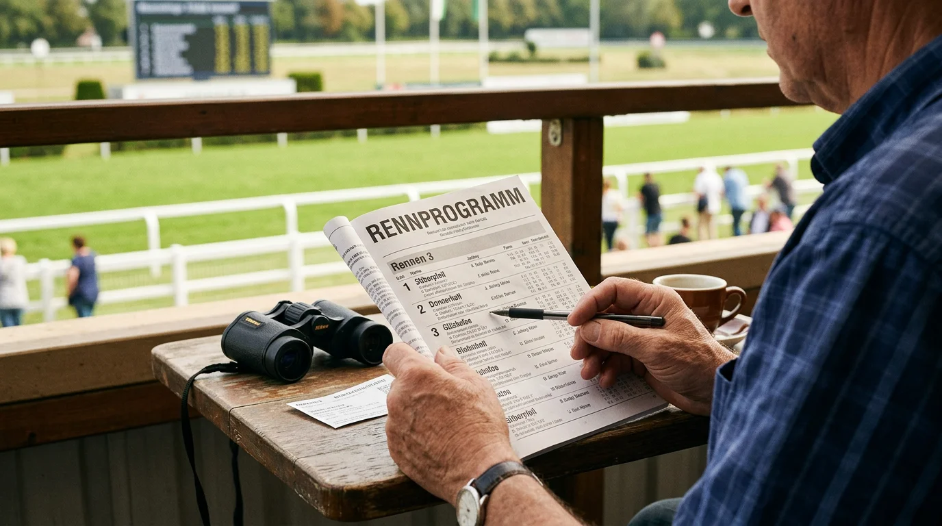Person studiert ein Rennprogramm vor der ersten Pferdewette