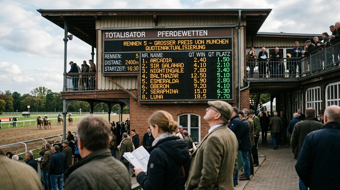 Totalisator-Anzeigetafel mit Quoten bei einem Galopprennen in Deutschland